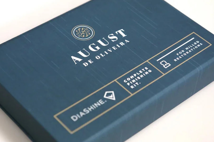 DiaShine Polishing Kit showing diamond polishing pastes, SHP bristle brushes, and adjusting wheels for high-gloss dental restorations