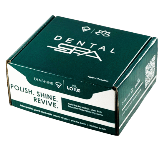 DiaShine Dental Spa Polishing Kit components including disposable prophy angles, Pascal stain removal pumice and DiaShine Polish for chair‑side smooth finish